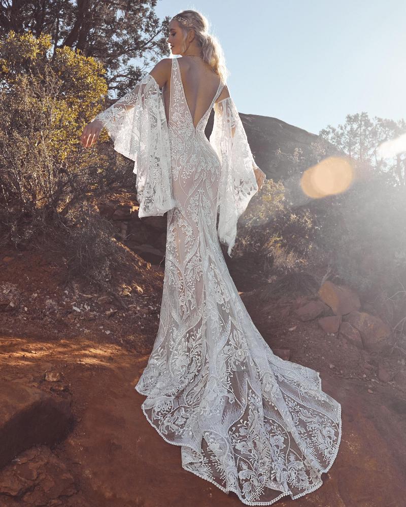 Lp2020 lace boho wedding dress with bell sleeves and tank straps2